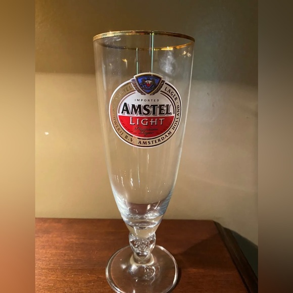 Set Of 2 AMSTEL LIGHT stemmed PREMIUM LAGER GOLD RIM PILSNER 33cl - Picture 1 of 5